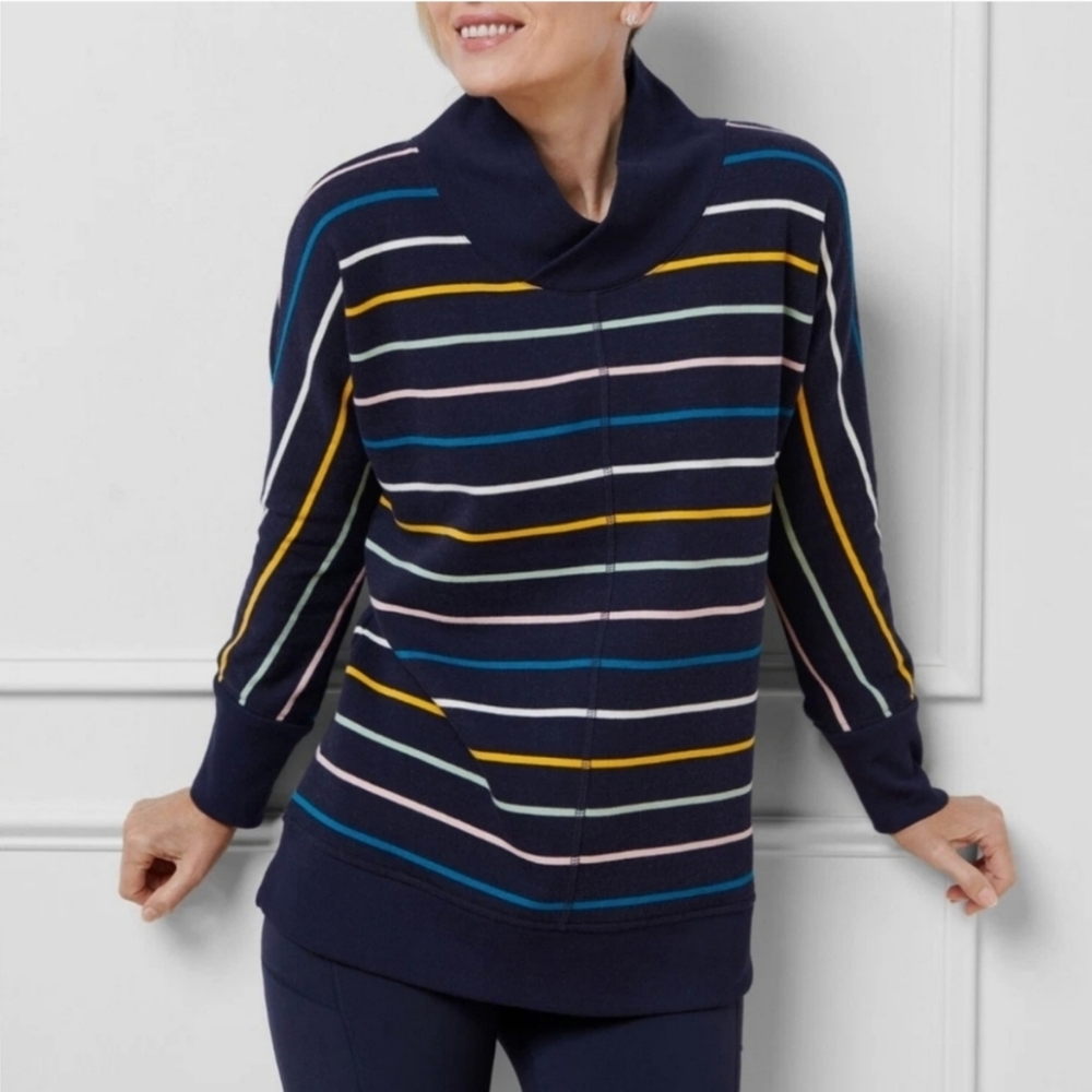 Talbots Long Sleeve Navy Multicolor Stripe Wrap Neck Sweatshirt Sz L